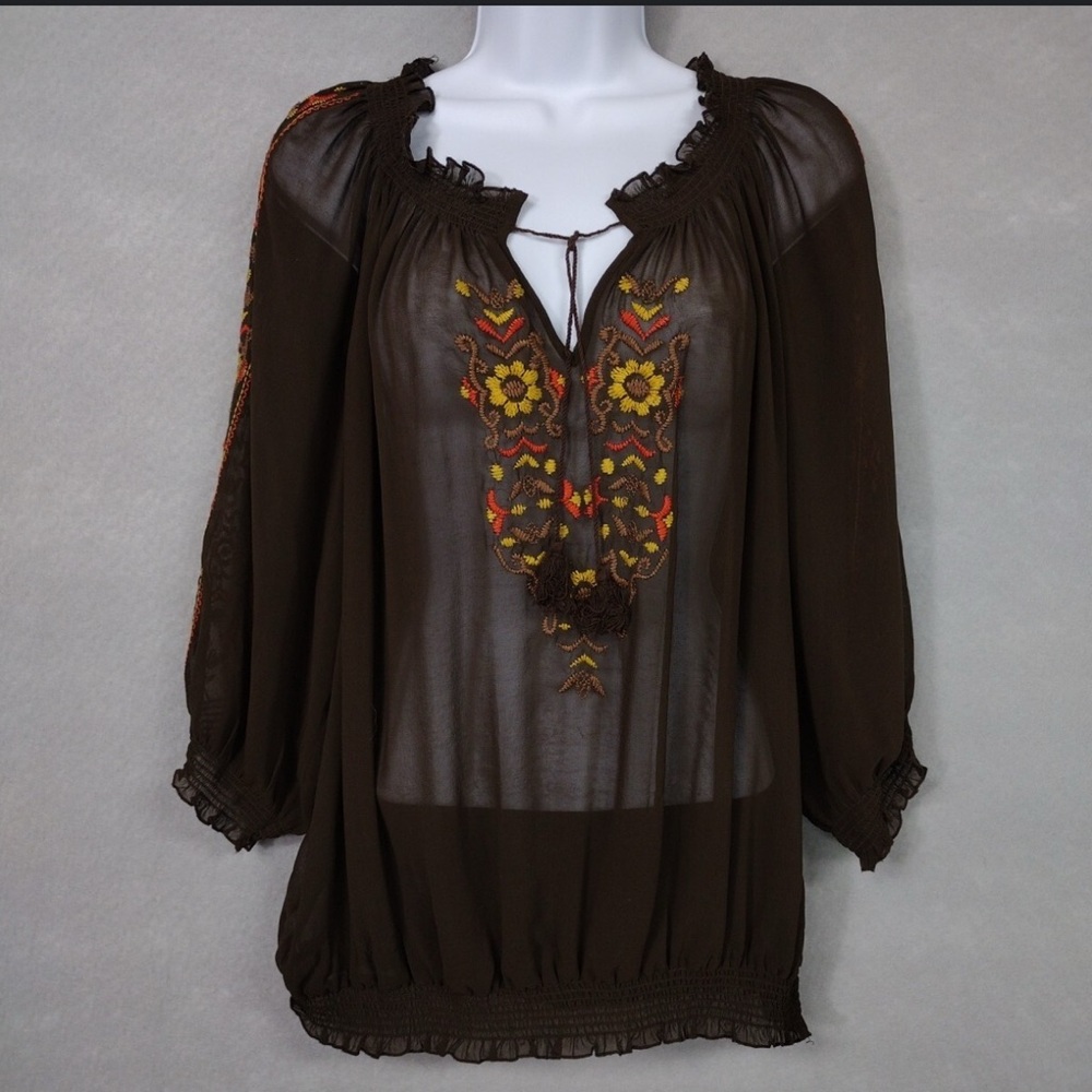 Elena Solano Women L Sheer Peasant Top Embroidered Boho Floral Brown 3/4 Sleeve